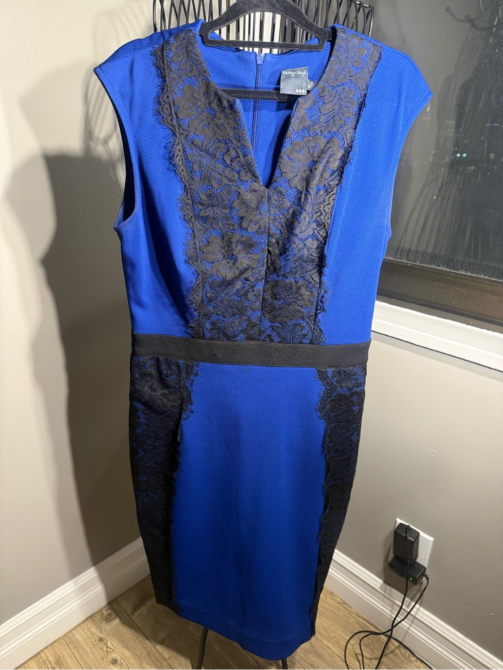 Gabby Skye Royal Blue Sheath Dress with Black Lace Trim